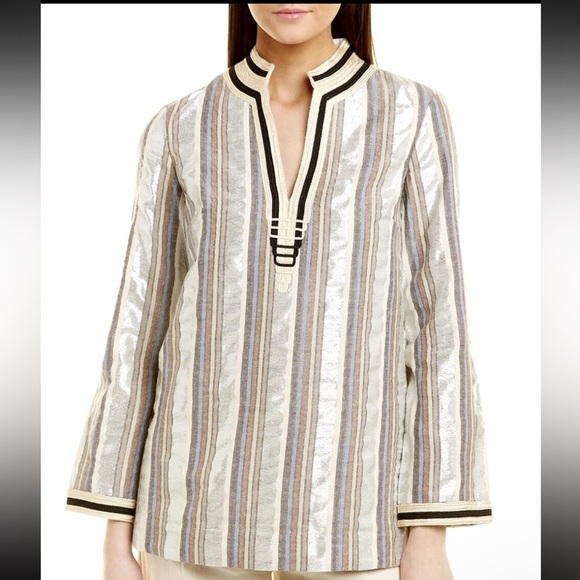 Tory Burch Embroidered Metallic Stripe Tunic Blouse Top NWT- Size 2 - Picture 1 of 10